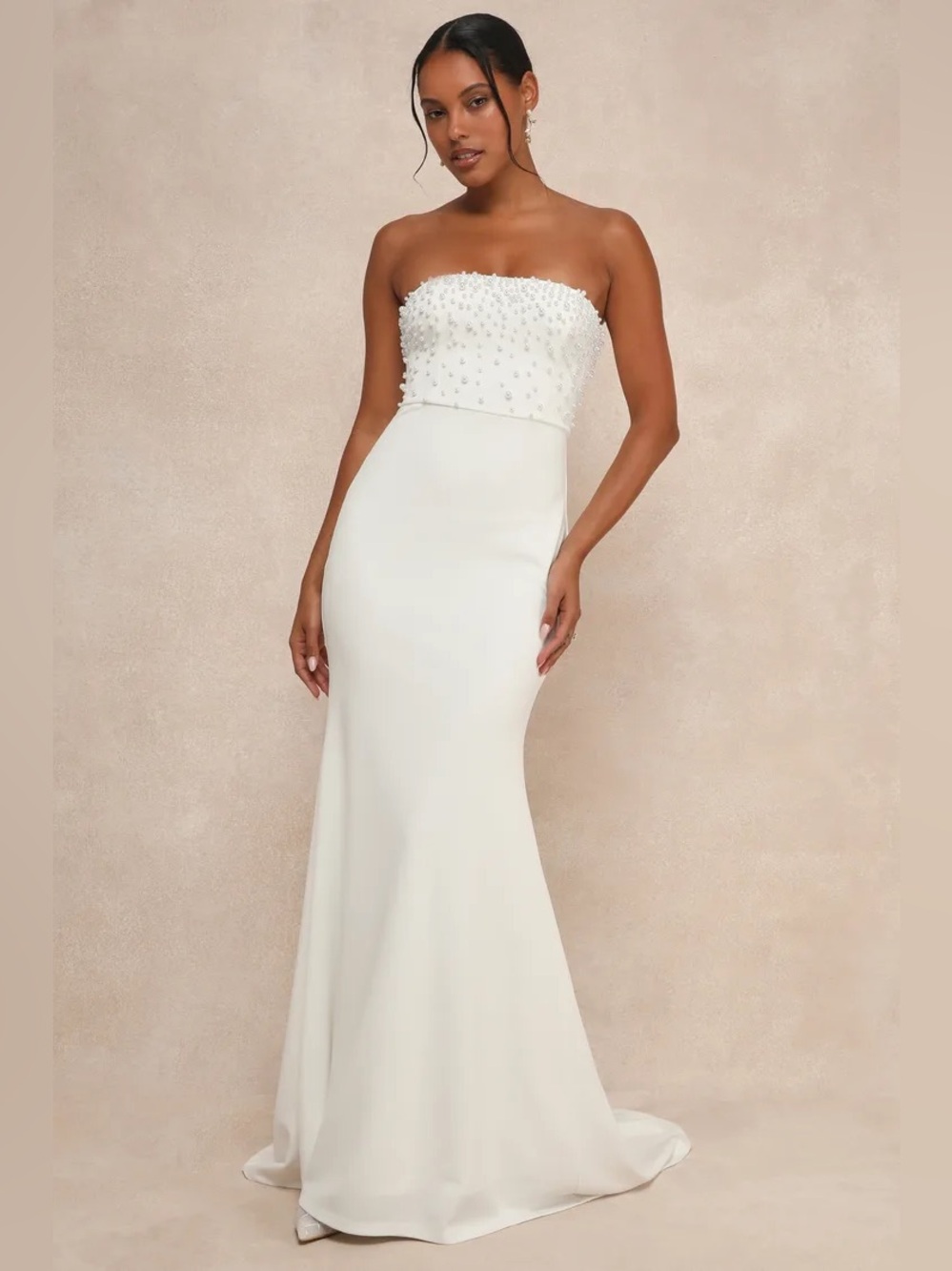 Lulu's White Strapless Pearl-Embellished Evening Gown